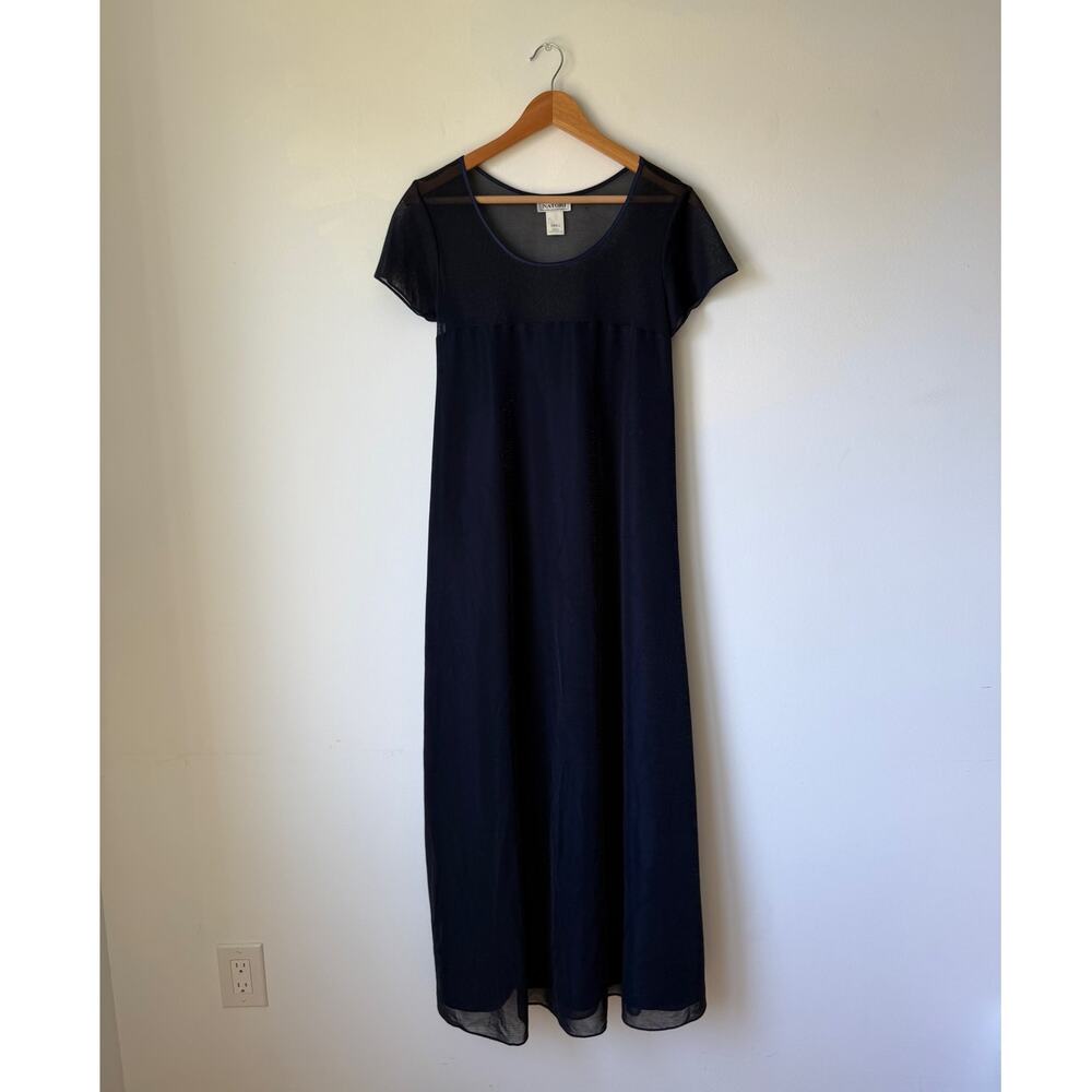 Natori Silk Maxi Dress Relaxed Fit Short Sleeve Navy Scoop Neck Mesh Size Small